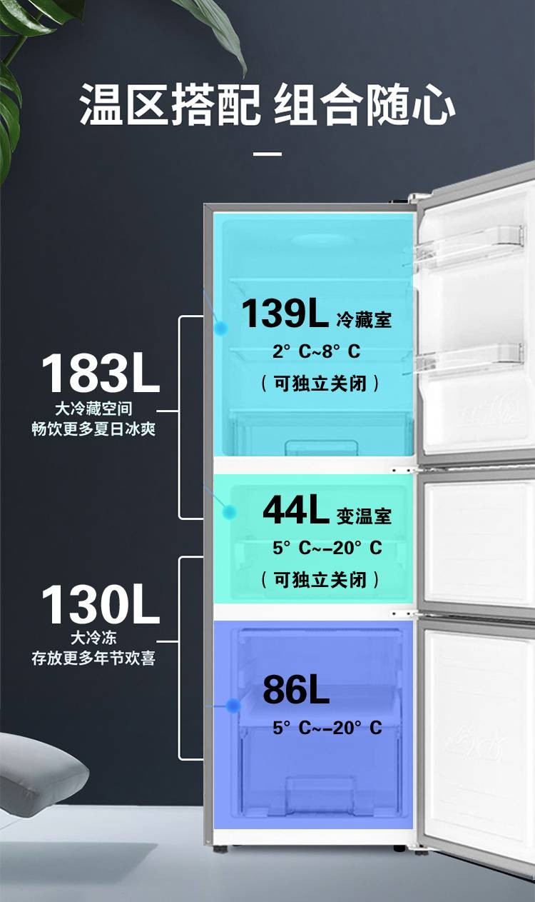 澳柯玛(aucma)家里立式冷藏冰柜分类储存冰柜冷藏冷冻冷柜 bcd-269wp