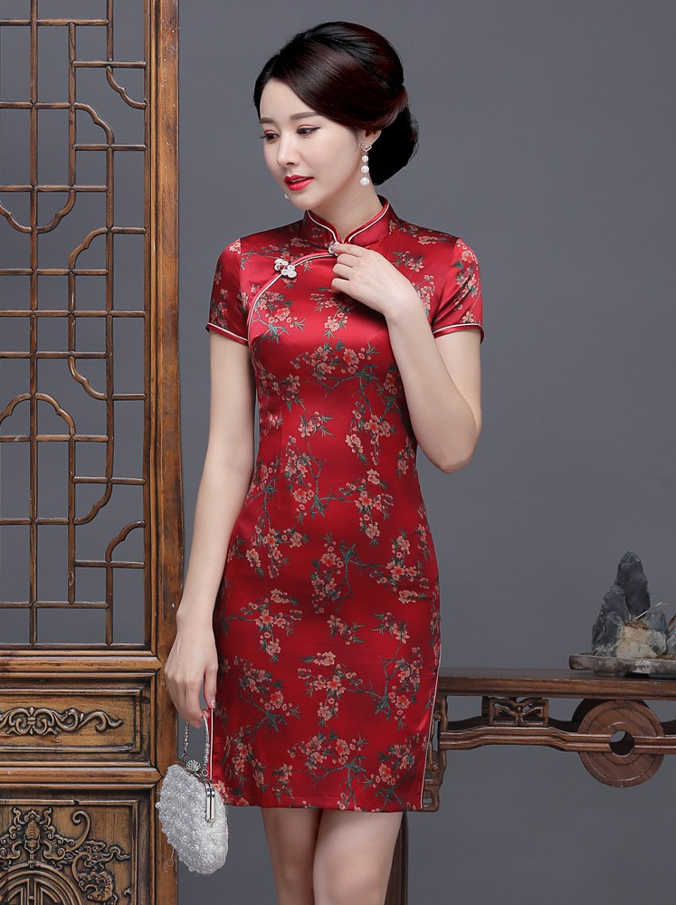 真丝妈妈装短款真丝旗袍连衣裙桑蚕丝短袖修身中式复古旗袍礼服红色l