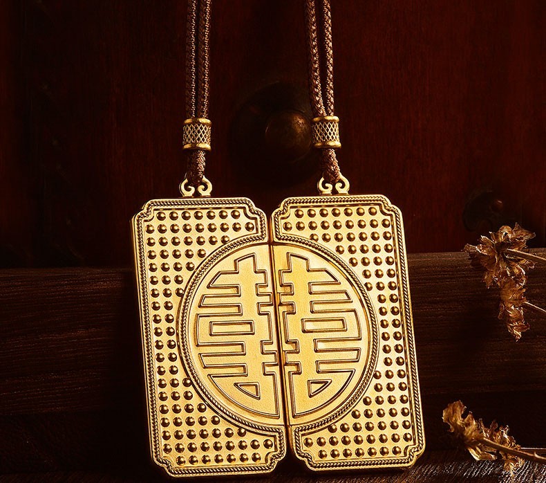 喜圣珠宝黄金吊坠足金999古法龙凤吊坠古法双喜龙凤牌黄金实心龙凤方