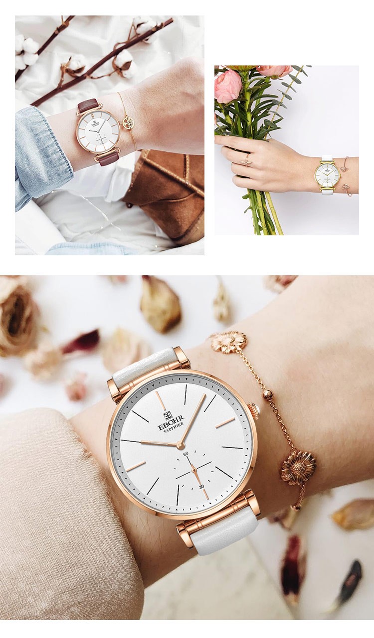 商场同款依波表ebohr女士石英表简约休闲防水女表精致小秒盘黄色皮带