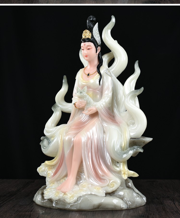 梵泽福 汉白玉九尾狐仙家用狐仙娘娘神像 九尾狐佛像居家供奉摆件工艺