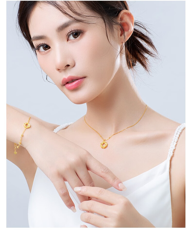 宝庆银楼 黄金项链女款足金甜甜圈吊坠麻花扭结锁骨链国潮细款套链