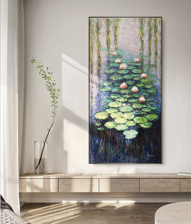 鸢苏现代轻奢名画莫奈睡莲手绘油画入户玄关装饰画竖版走廊过道挂画