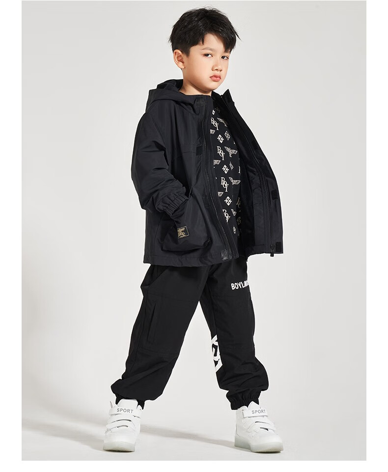 boylondon潮牌男女童装连帽夹克外套宽松舒适柔软经典logok23015 黑色