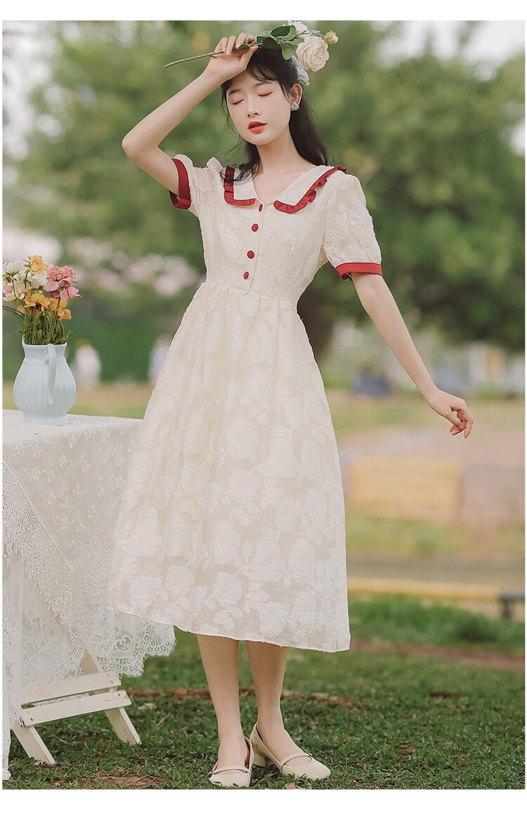 得芙2022日系长款连衣裙少女夏装法式初恋甜美长裙子031 杏色 m【图片