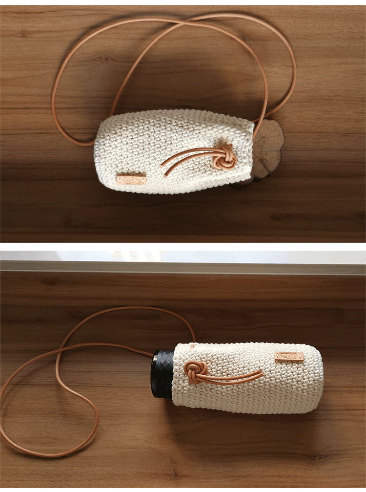 原创纯手工编织棉线保温杯套头层牛皮绳斜挎水杯套通用水壶袋 蜜柚红