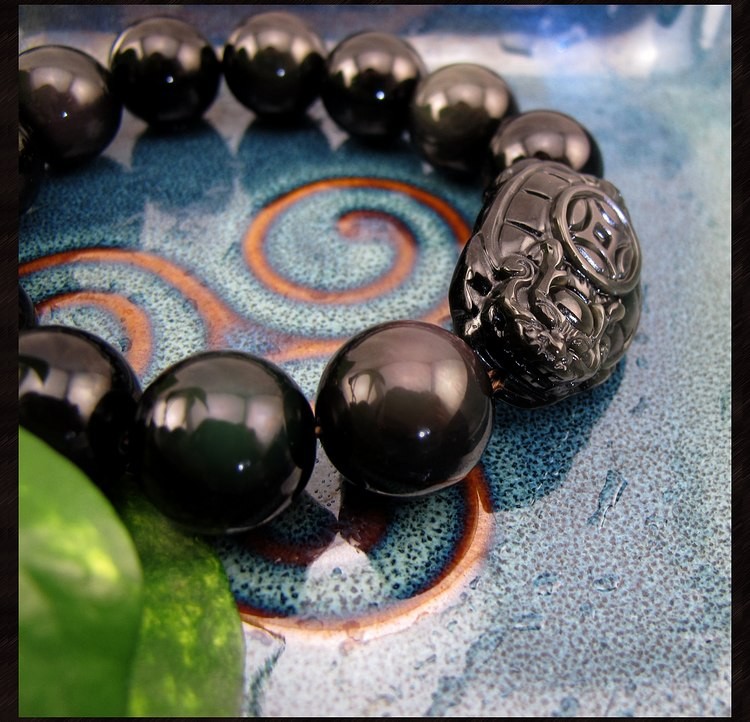 相石缘黑曜石龙龟手链男玄武天然黑曜石手串男款16mm