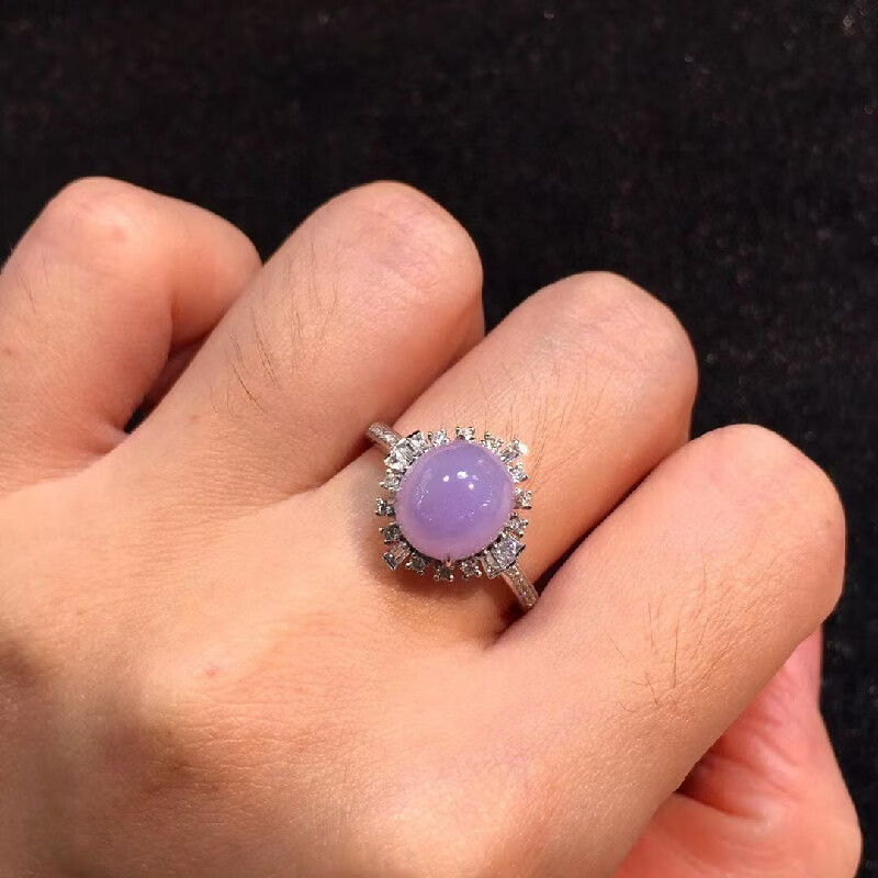 玉佳佳翡翠冰粉紫蛋面戒指缅甸a货翡翠玉石手饰18k金镶钻石送礼送女友