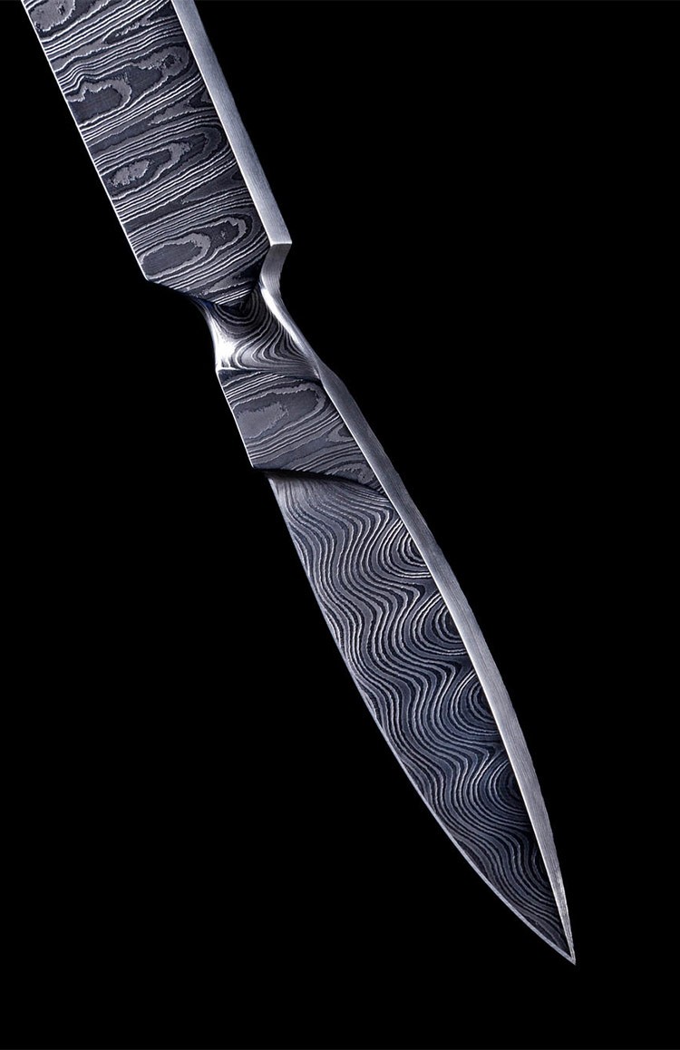 雨轩户外柳叶刀手工锻打大马士革钢刀一体龙骨直刀折叠锻打工艺把玩