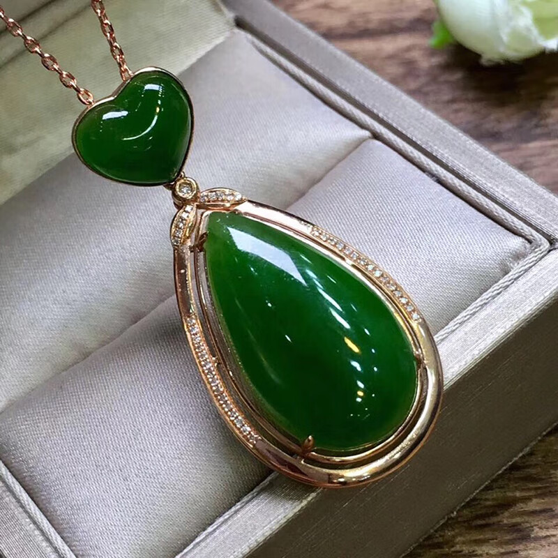 慈心缘 和田碧玉水滴大吊坠 18k金镶嵌玉质细腻温润男女玉坠项链挂件