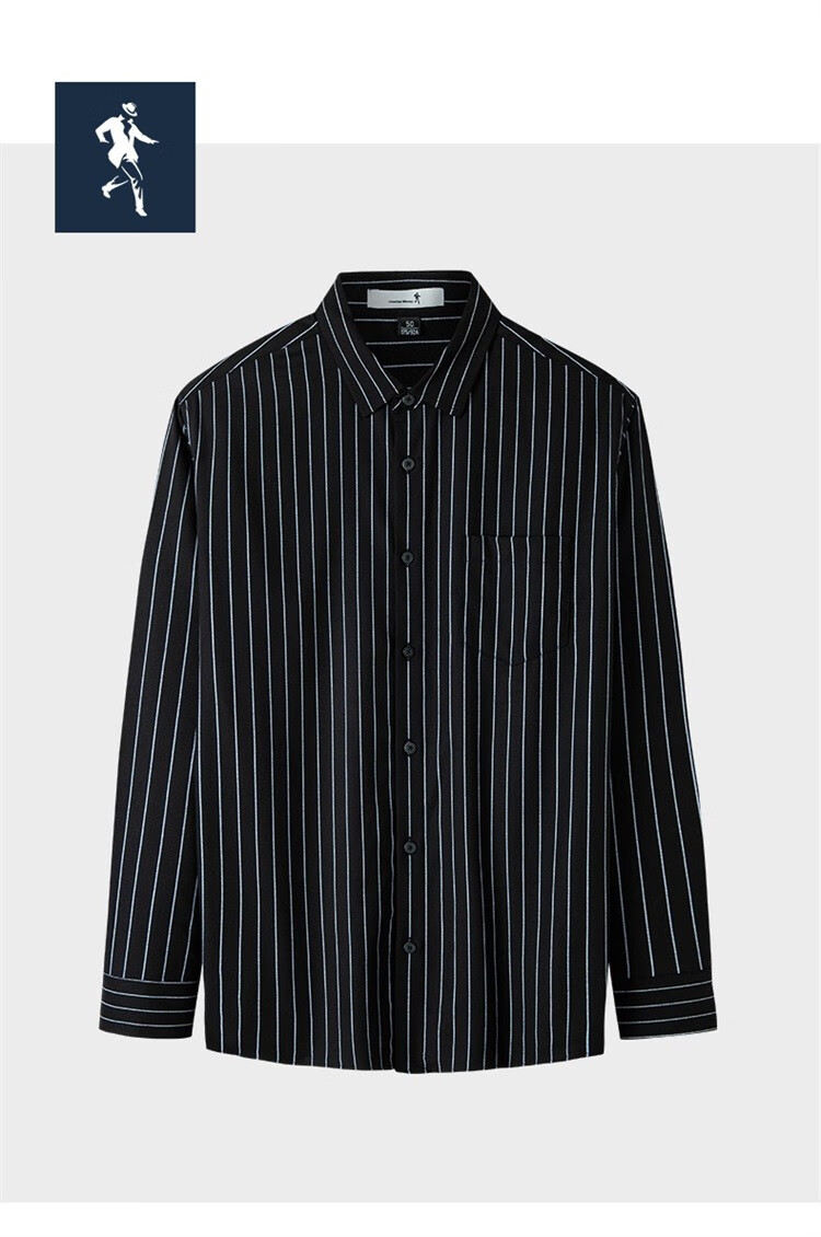 与狼共舞衬衫男秋季男士条纹衬衫长袖商务休闲男衬衫轻正装001黑色175