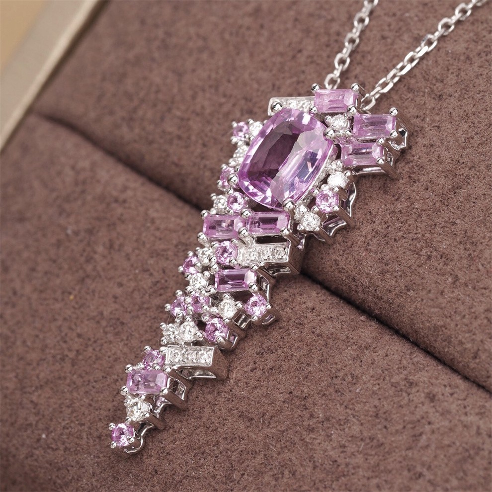 宥熙珠宝 无烧粉蓝宝帕帕拉恰项链 彩色宝石18k金镶嵌 裸石1.