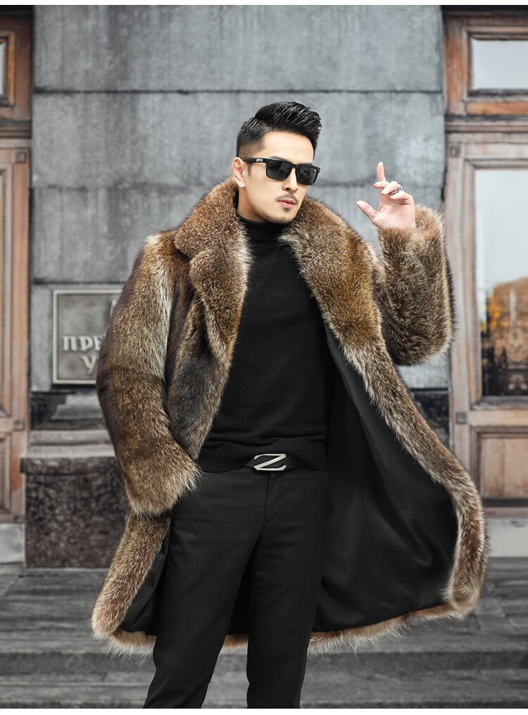 欧迪鸟品牌男装皮草男2022年冬季新款北美进口浣熊毛皮中长款裘皮大衣