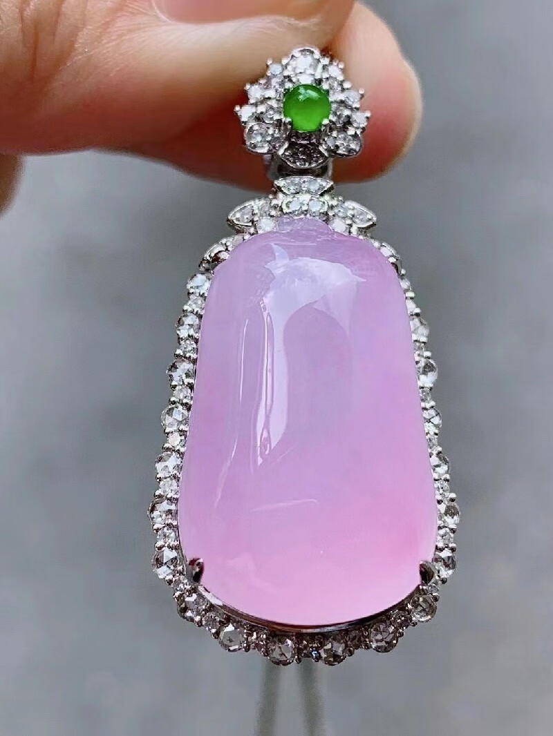 发源地 高冰种粉紫福瓜吊坠18k金镶钻缅甸a货翡翠玉石珠宝首饰送礼物