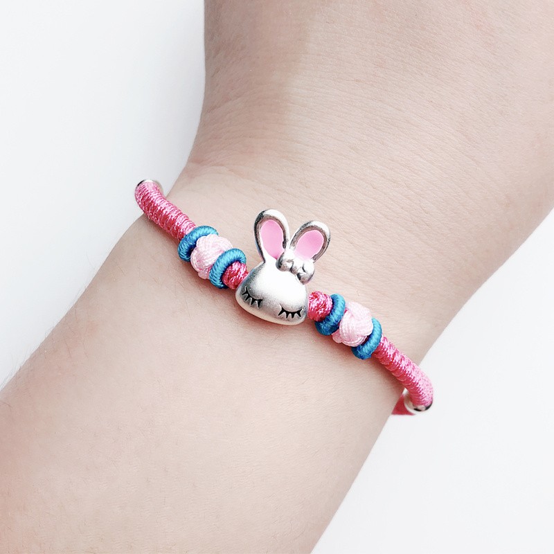 艾风格足银小兔子银手链可爱亲子款女儿童手工编绳生日礼物宝宝款一条