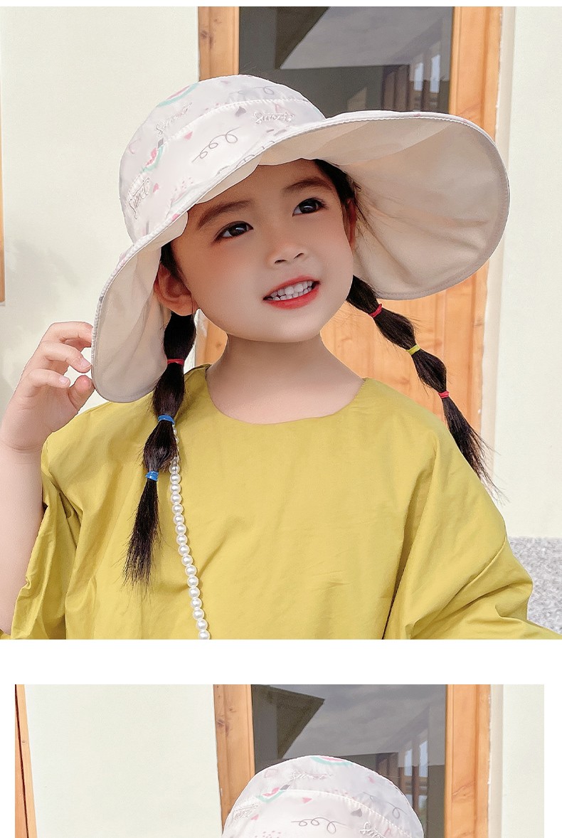 遮阳帽儿童女夏天帽可爱印花可折叠空顶大檐太阳帽女童浅黄色