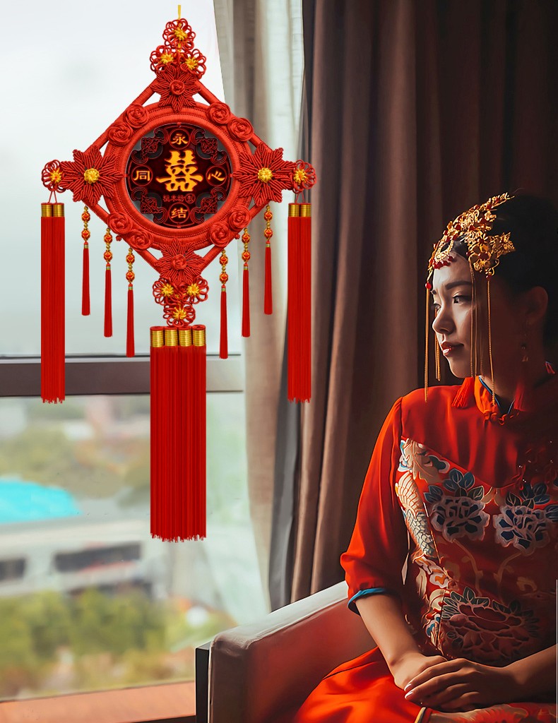 高档中国结结婚挂件喜字大号婚房装饰桃木客厅礼物婚礼布置用品 27方