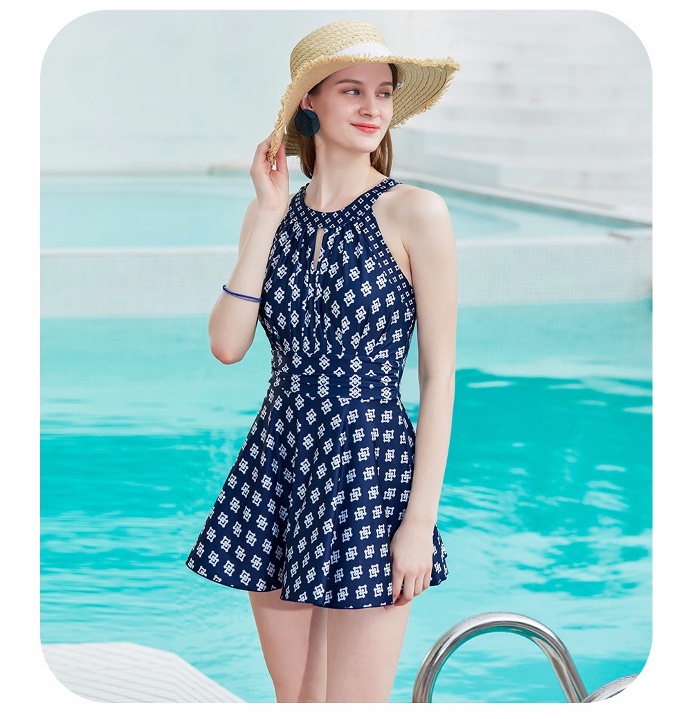 洲克zoke泳衣女时尚碎花连体裙式遮肚显瘦沙滩度假泡温泉游泳衣深兰