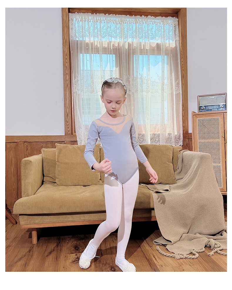 儿童舞蹈服秋冬长袖灰色纯棉幼儿考级连体开档练舞衣中国舞练功服