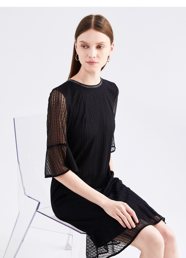 jz玖姿蕾丝连衣裙女中长款圆领荷叶边年新款女装裙子酒红3xl