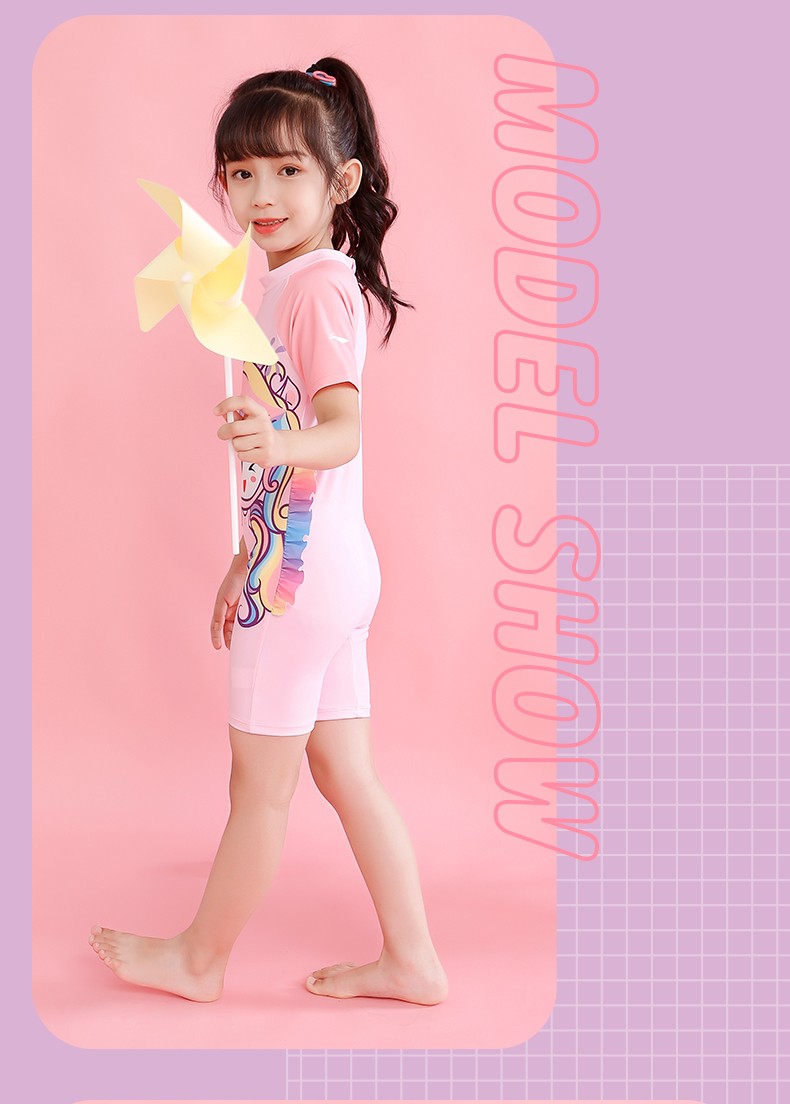 李宁儿童泳衣女童连体平角泳装小公主中大童女孩训练游泳衣装备652