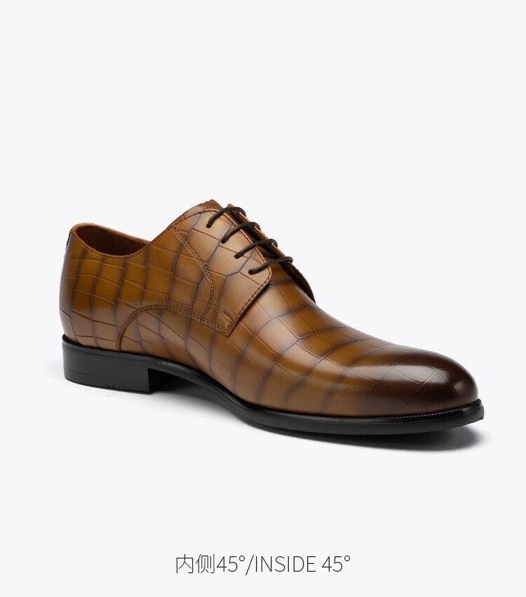 roberta诺贝达男鞋时尚男士鳄鱼纹牛皮商务皮鞋尖头系带正装鞋黄棕色