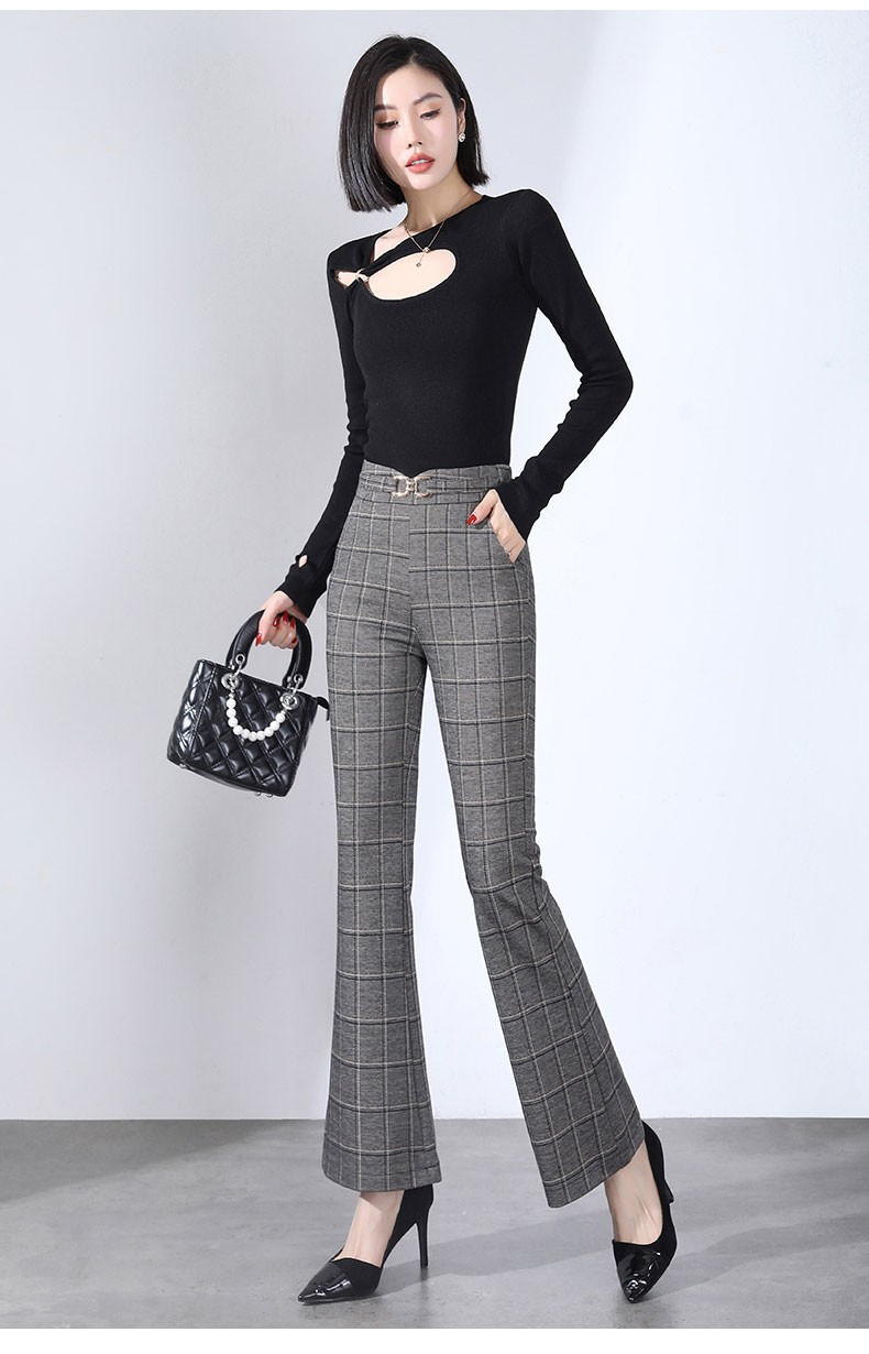 休闲裤女格子西裤格纹微喇鱼尾裤高腰春秋百搭显瘦松紧腰喇叭裤西装裤