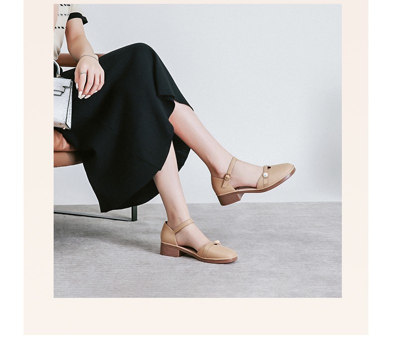 丝柏兰2022新款一字带高跟凉鞋圆头包头女生仙女风学生温柔中跟夏季