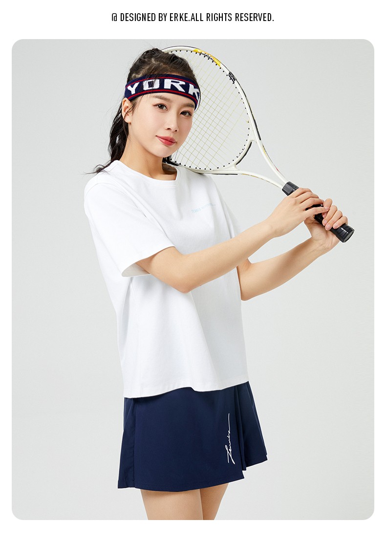 鸿星尔克官方旗舰短袖女舒适简约百搭圆领针织综训网球t恤运动上衣t恤