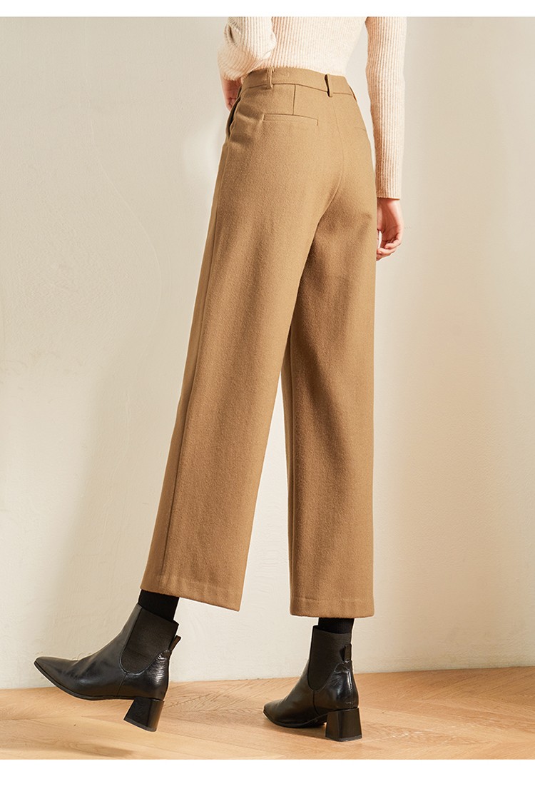 娅丽达高端女裤驼色九分毛呢裤女阔腿裤子2021秋冬新款羊毛裤黑色a030