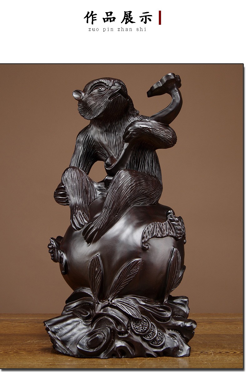 浣彩黑檀木雕猴子摆件生肖猴雕刻工艺品家居客厅装饰实木动物摆设送礼