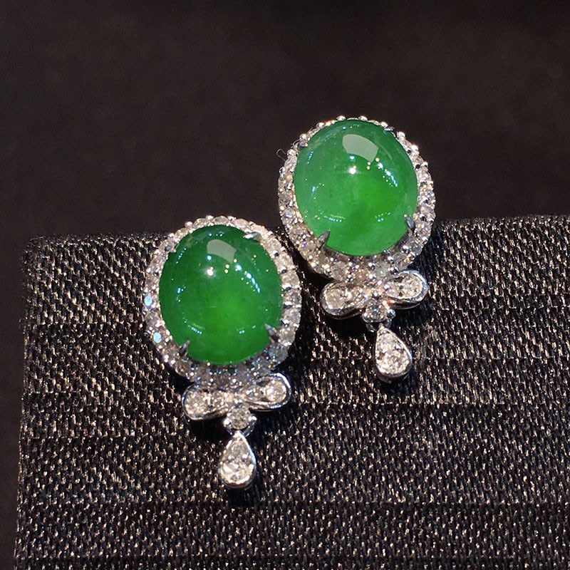月亮阿姨翡翠冰种阳绿蛋面耳钉耳饰18k金镶嵌珠宝首饰缅甸a货翡翠送