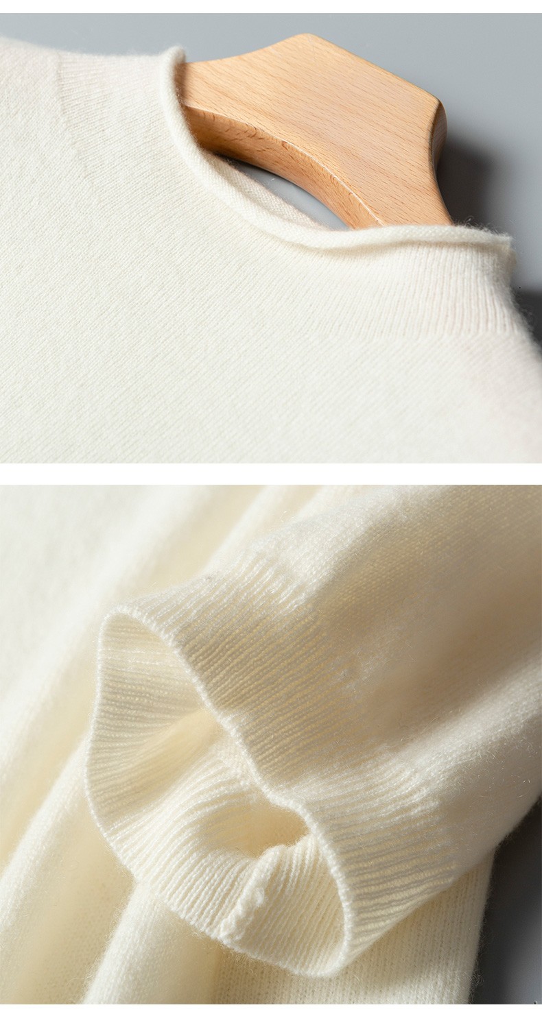牧什夏季新款羊绒短袖女士半高领纯色针织半袖2022卷边体恤zb2101r35