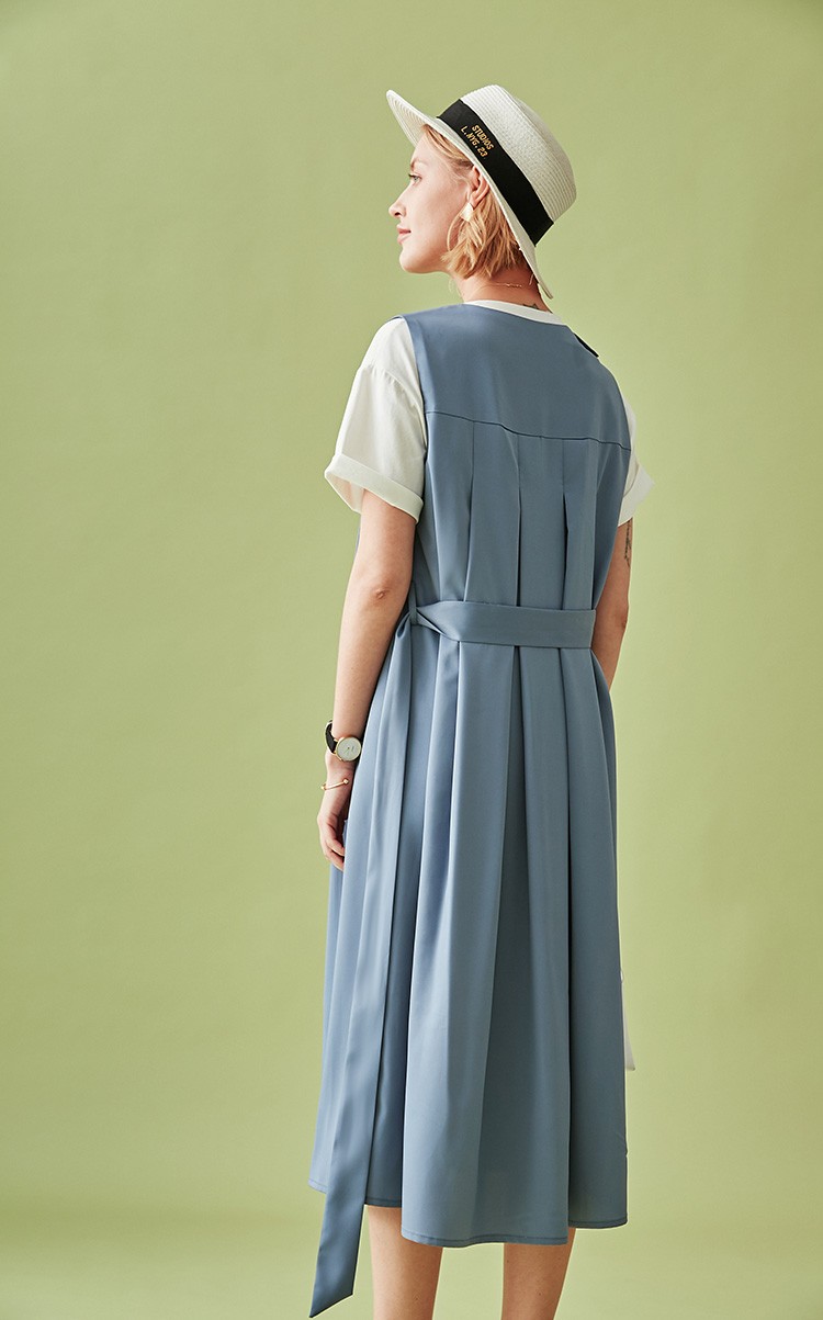 云上生活烟灰蓝无袖连衣裙百褶长裙子女夏l7164烟灰蓝s