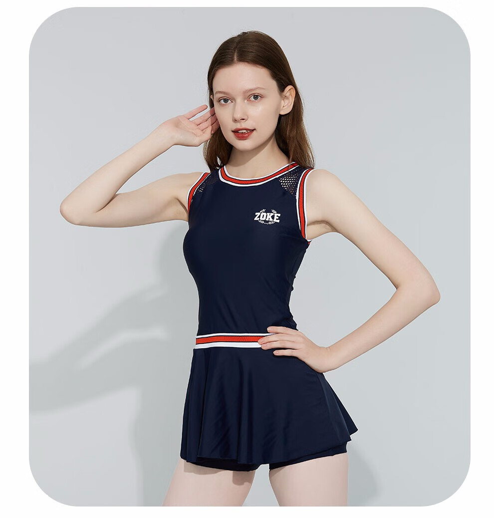 洲克zoke泳衣女连体裙式保守显瘦遮肚度假时尚泳装温泉游泳衣深兰