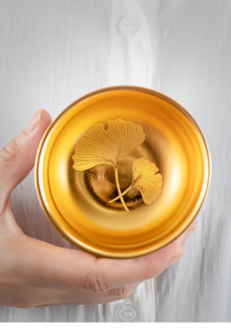 夏茗堂李斌24k金杯羊脂玉瓷黄金盏杯陶瓷功夫茶具纯手工鎏金主人杯单