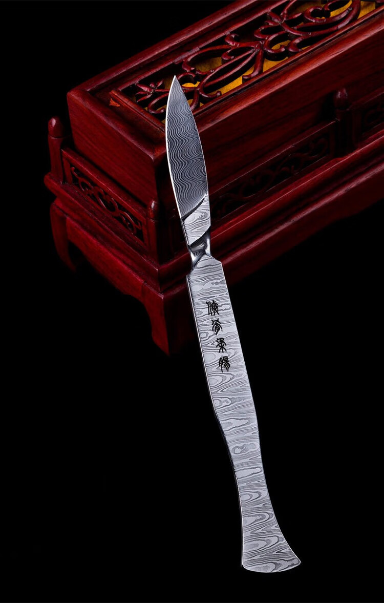 雨轩户外柳叶刀手工锻打大马士革钢刀一体龙骨直刀折叠锻打工艺把玩