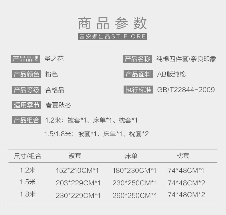 88761-富安娜家纺 床上四件套纯棉被罩床上用品双人床单被套 (圣之花)歌如 1.5m床适用(被套203*229cm)-四件套-详情图
