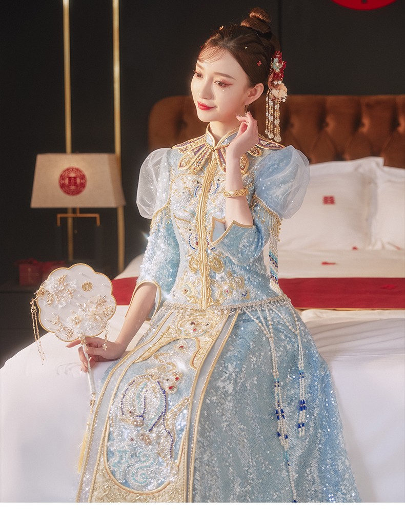 龙曼尼仕冰蓝色秀禾服新娘2022新款结婚礼服女婚纱中式龙凤褂显年轻款