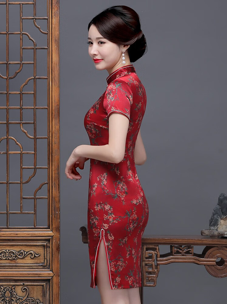 真丝妈妈装短款真丝旗袍连衣裙桑蚕丝短袖修身中式复古旗袍礼服红色l