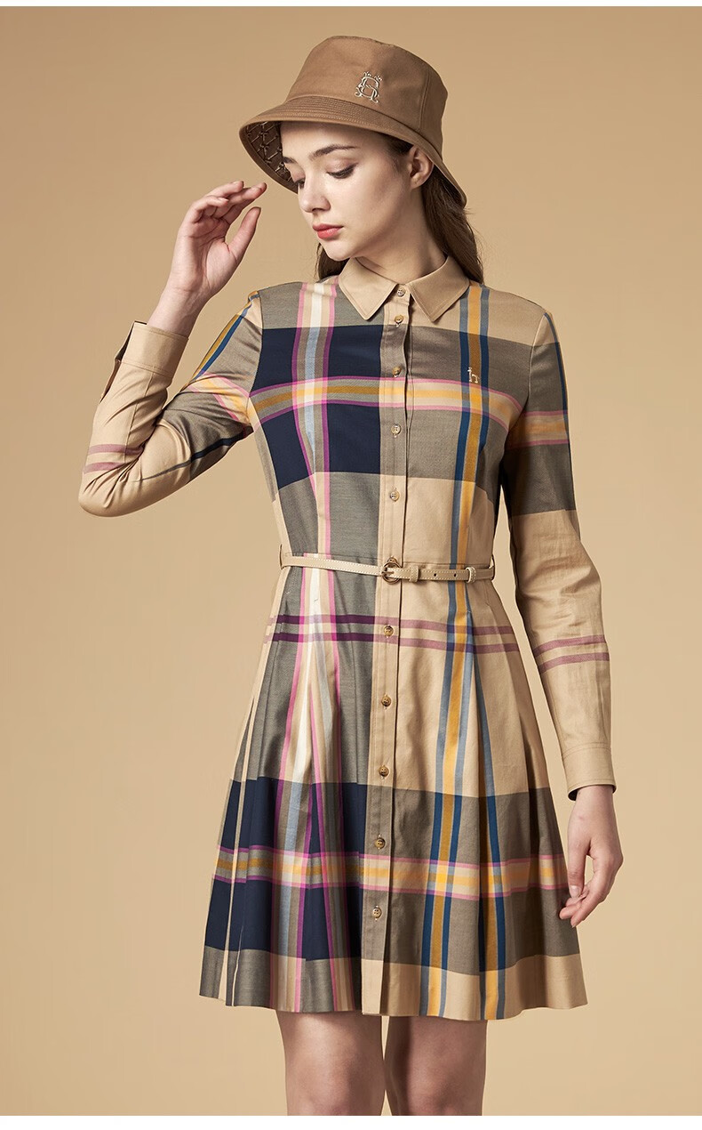 商场同款哈吉斯hazzys秋季新款女大格纹衬衫连衣裙aqwsc01cc01藏青色