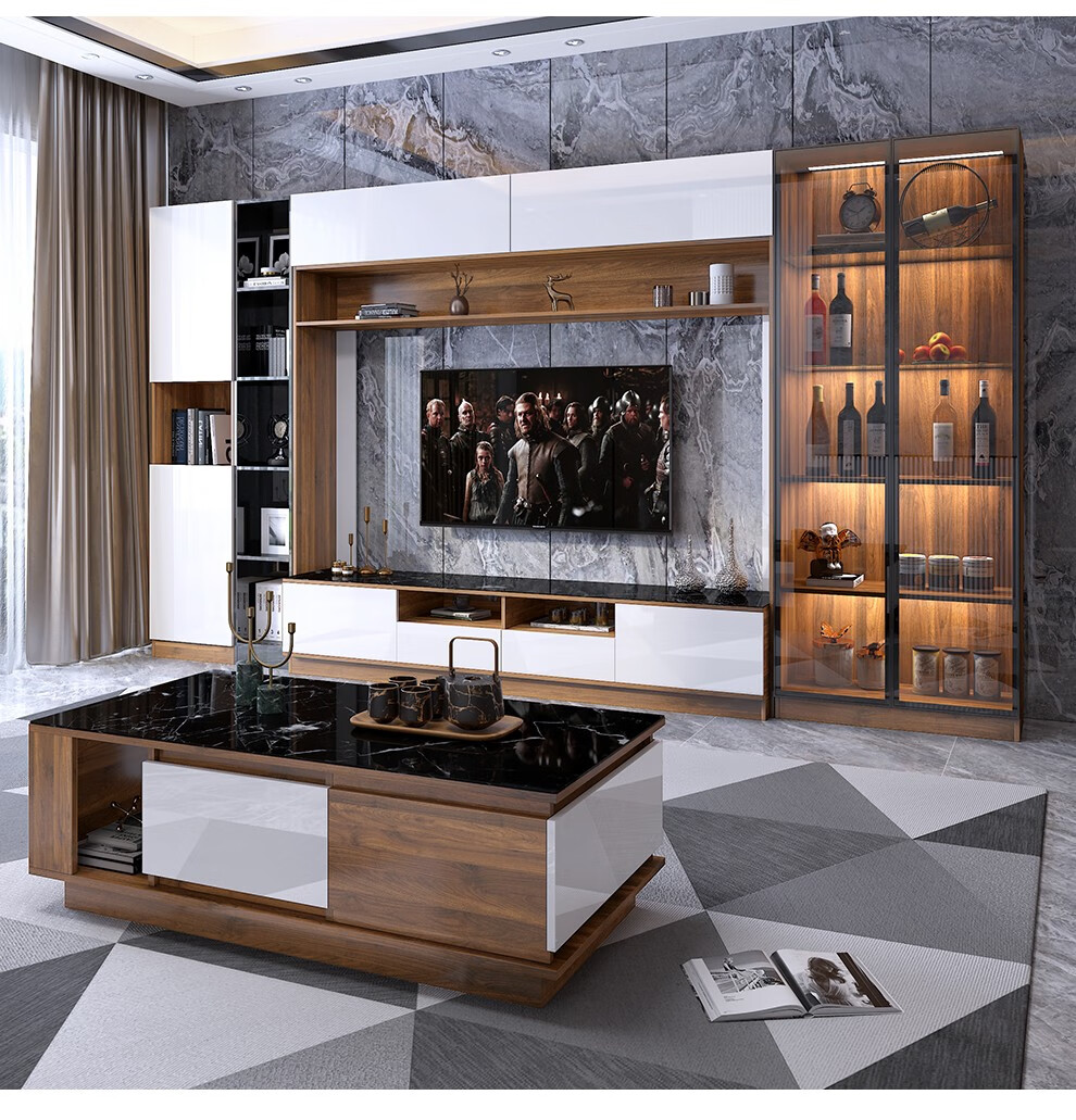 誉佰利电视柜茶几组合现代简约满墙电视背景墙柜酒柜组合客厅家用玻璃