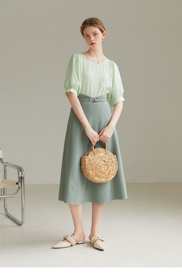 蓝恩22fs2033肌理感衬衫女设计感小众夏季法式五分泡泡袖上衣薄荷绿xl