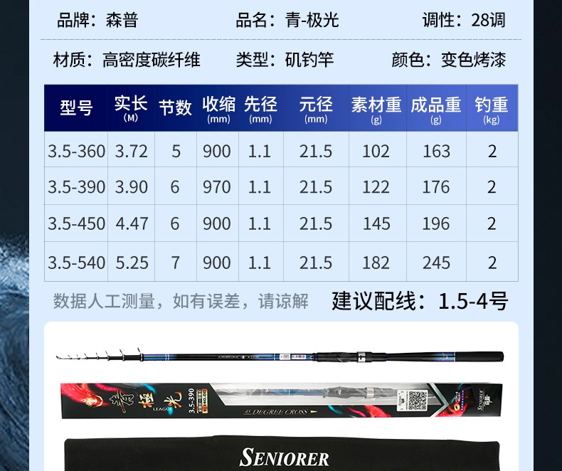 森普青极光35号矶钓竿矶竿碳素超硬超轻远投滑漂大导环矶钓竿青极光39