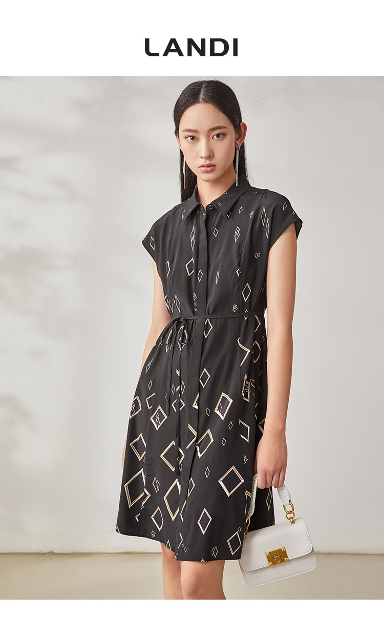 landi蓝地女装菱形格连袖收腰衬衫连衣裙bluxl511000花色xl