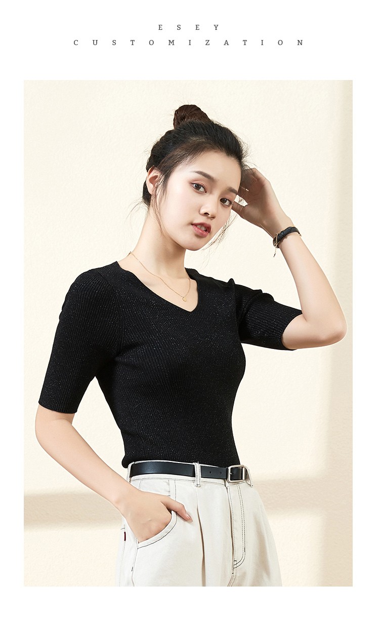逸阳女装针织衫女2020秋冬新款v领毛衣女修身套头打底衫中袖黑色短款