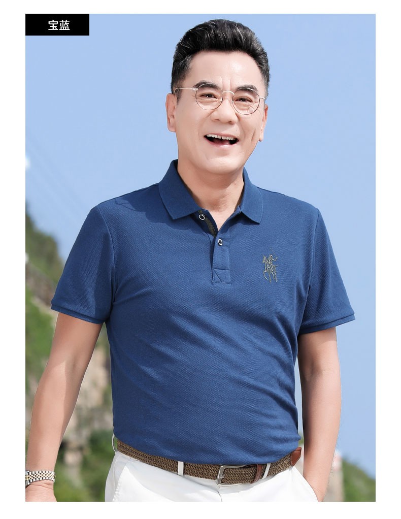 短袖t恤男宽松休闲中年男士刺绣polo半袖纯色丝光棉t恤中老年男装夏季