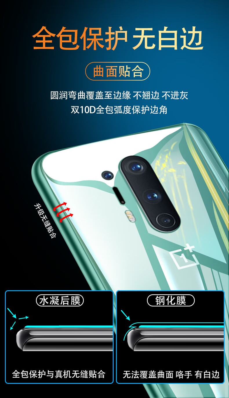 贴膜透明全屏软膜前后膜贴纸一加8pro全透明磨砂水凝后膜2片送镜头膜