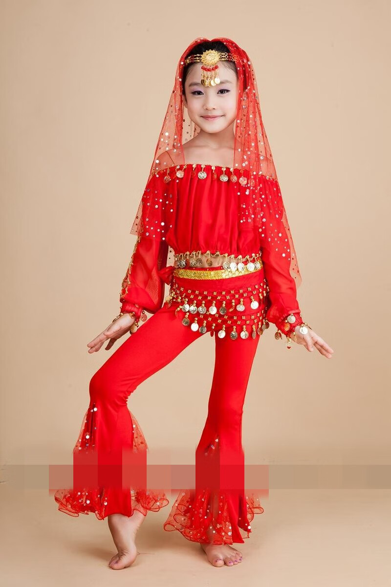 少儿印度舞舞蹈服装儿童肚皮舞套装演出服女童民族舞蹈长袖 玫红三