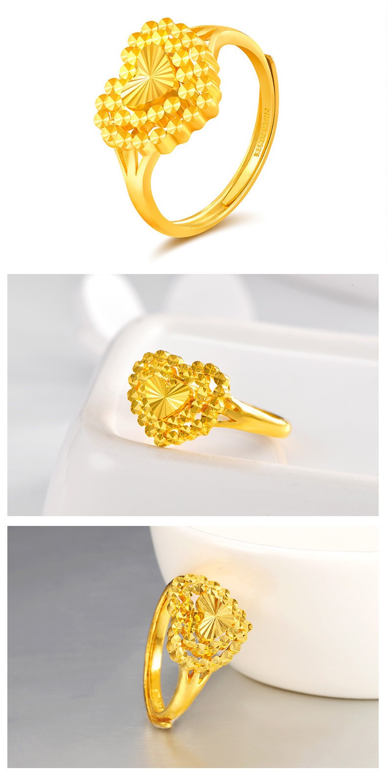 喜圣珠宝 黄金戒指女足金999桃心仿钻戒指闪亮款足金爱心活口婚戒送